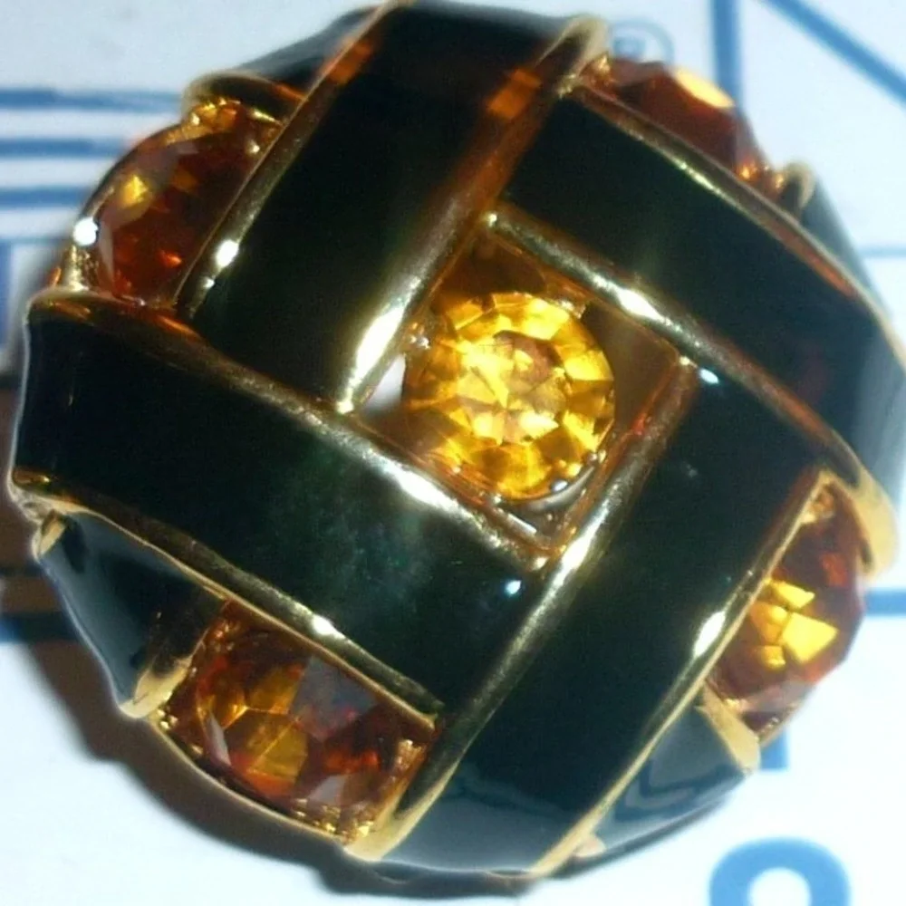 Vintage NOS Sue Ellen England Black Enamel Gold Tone Crystal Clip On Earrings